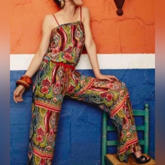 Desigual Pants - Desigual Floral Aztec Print Sleeveless Straps Wide Leg Jumpsuit 51P26D7 Size 32